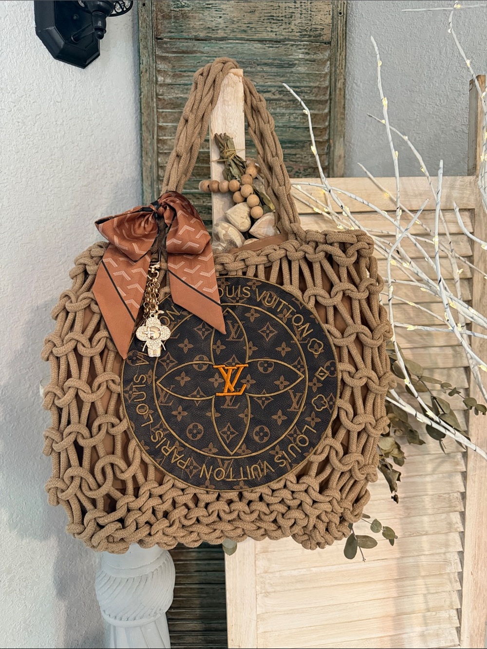 Handcrafted Tan Knitted Tote with charms and twilley